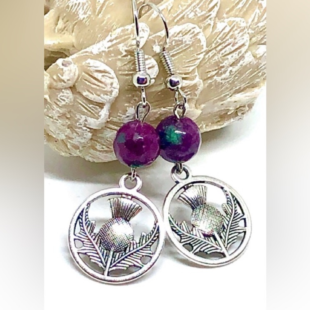 Scottish Thistle Scotland National Flower with Purple Green Agate Stone Earrings